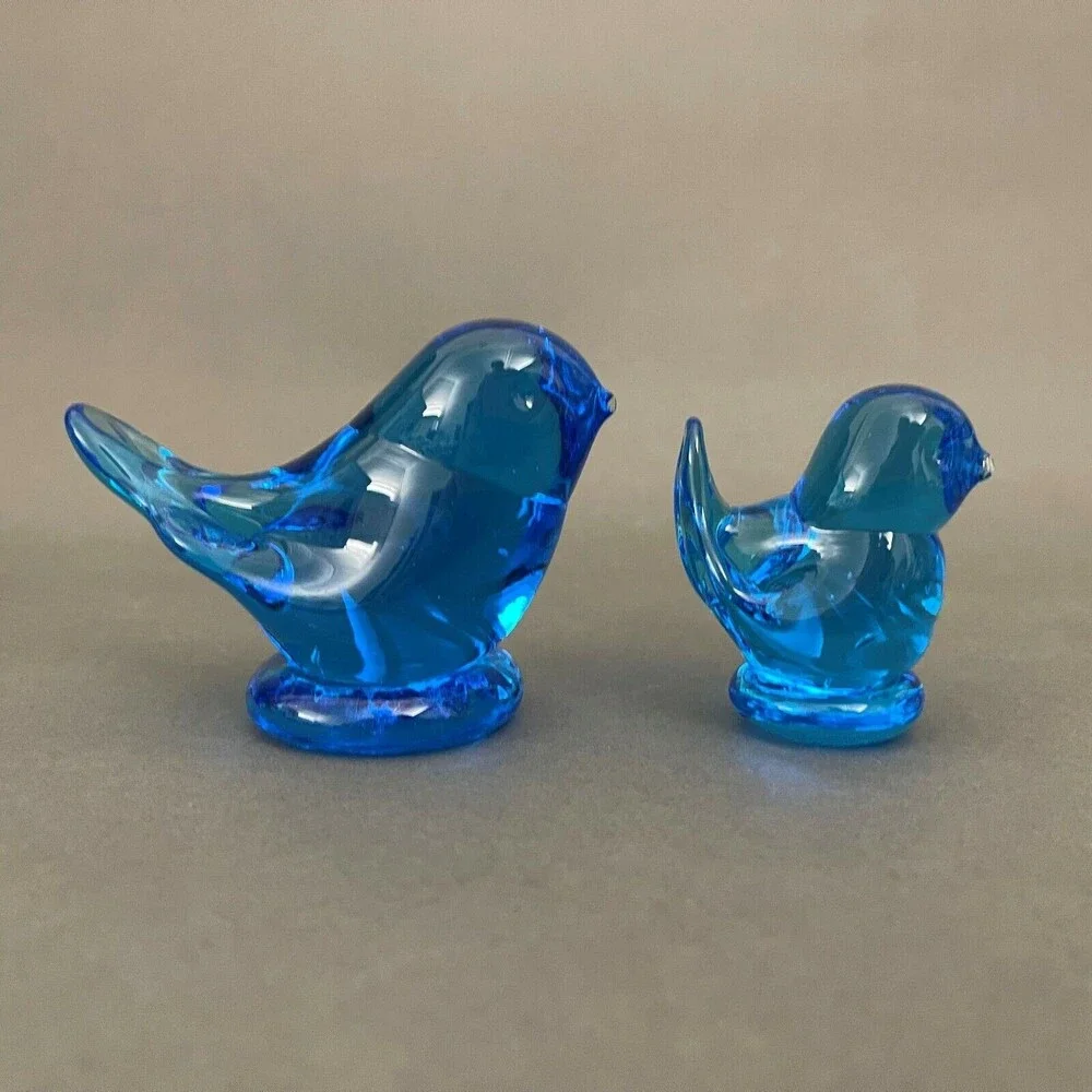 Vintage Leonard Love Birds Blue Glass Signed 1988 Lot‎ of 2